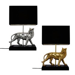 Bild på bordslampan Zimba som finns i två färger, guld eller silver, handmålad fot i form av ett lejon