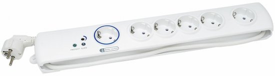 Överspänningsskydd med 1 st jordat master uttag, 5 st slave-uttag.