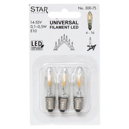 3-pack reservlampor filament universal LED E10 - förpackning