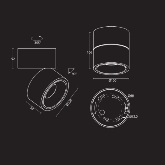 Takspotlight Designlight moon P-186MW utanpåliggande 12W - Svart