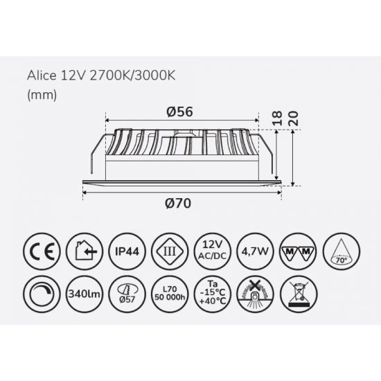 Alice 4,7W 12V LED downlight måttskiss llitt