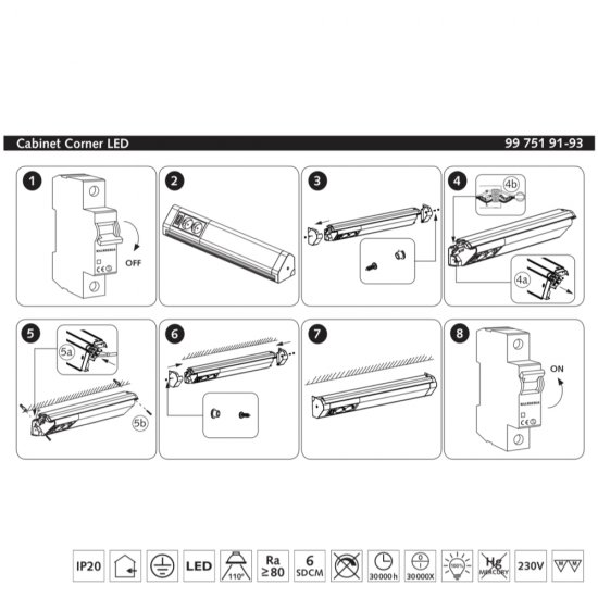 Bänkbelysning Cabinet corner LED 20W 107cm monteringsguide