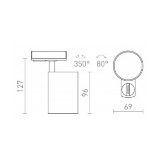 GU10 armatur Connor till 1-fas skena - mått