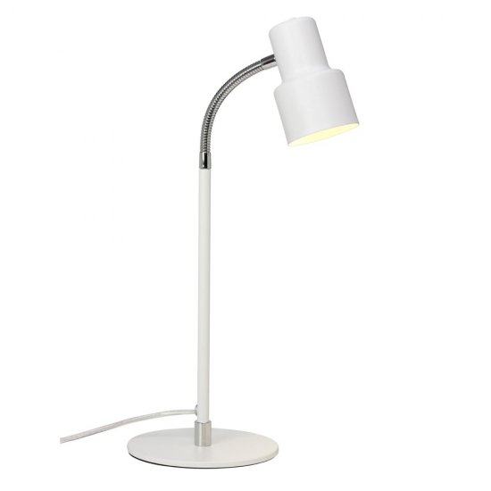 Flexibel bordslampa i snygg vit färg med kromdetaljer. För placering på skrivbord eller byrå i hallen