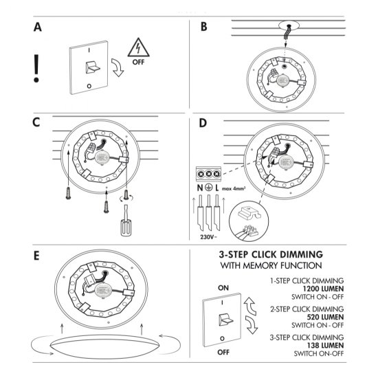 LED-plafond integra ceiling 3-step dim 15W 3000K - installation