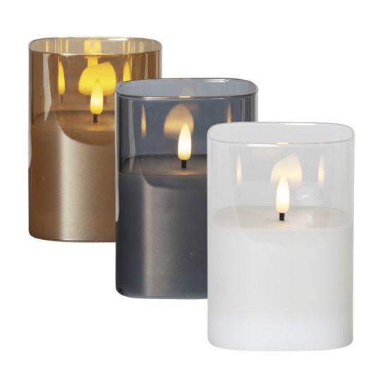 Blockljus Flamme i glas 12,5 cm, LED-ljus med timer - välj färg