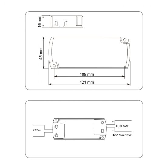 LED transformator 12VDC 0-15W - mått
