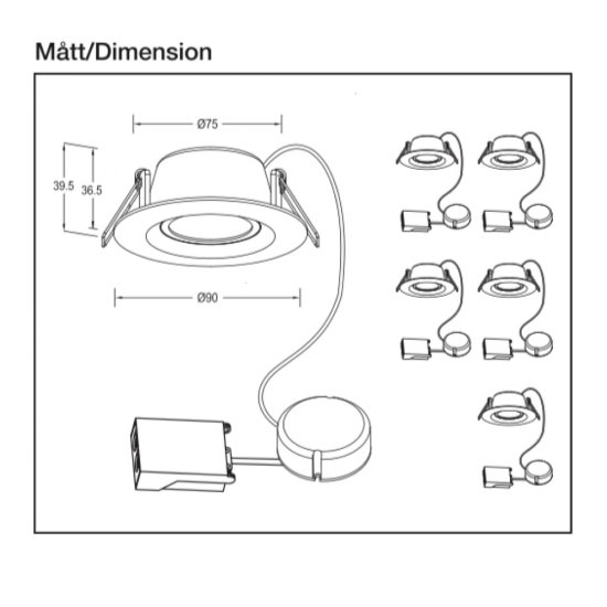 M-Penny 7,4W slimmade LED spotlights 2700/3000K IP44 fast modell - skiss