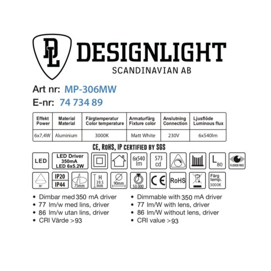 M-Penny 7,4W slimmade LED spotlights 2700/3000K IP44 fast modell - info