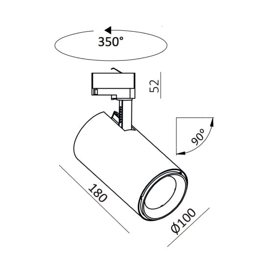 P-830MW LED Spotlight för 3-fasskena 30W - Mått