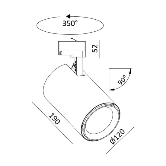 P-836MW LED Spotlight för 3-fasskena 36W - Mått