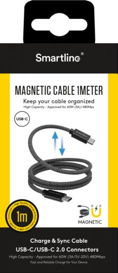 LADDKABEL SMARTLINE MAGNET USB-C TILL USB-C SVART 1M