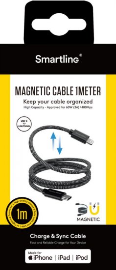 LADDKABEL SMARTLINE MAGNET USB-C TILL LIGHTNING SVART 1M