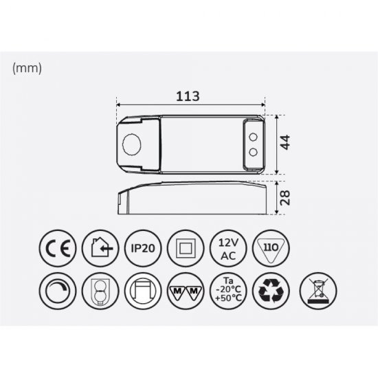12V transformator Thea Driver 0-100W måttskiss